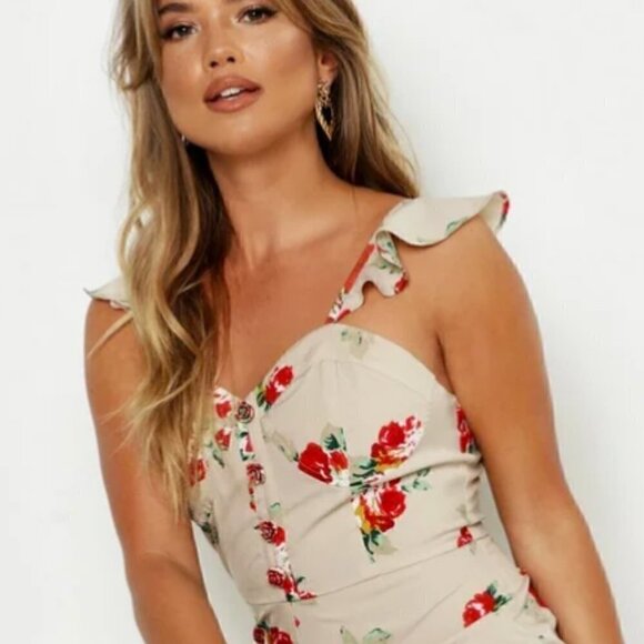Nwt- Boohoo-Floral Sweetheart Ruffle Hem Shift Dress - Picture 4 of 15